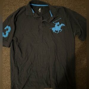 vintage Men's Black Polo collared Shirt with Blue jersey 3 details